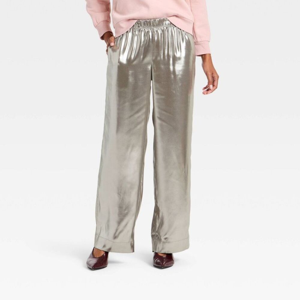 Women's Metallic Foil Pull-On Pants - A New Day Silver S